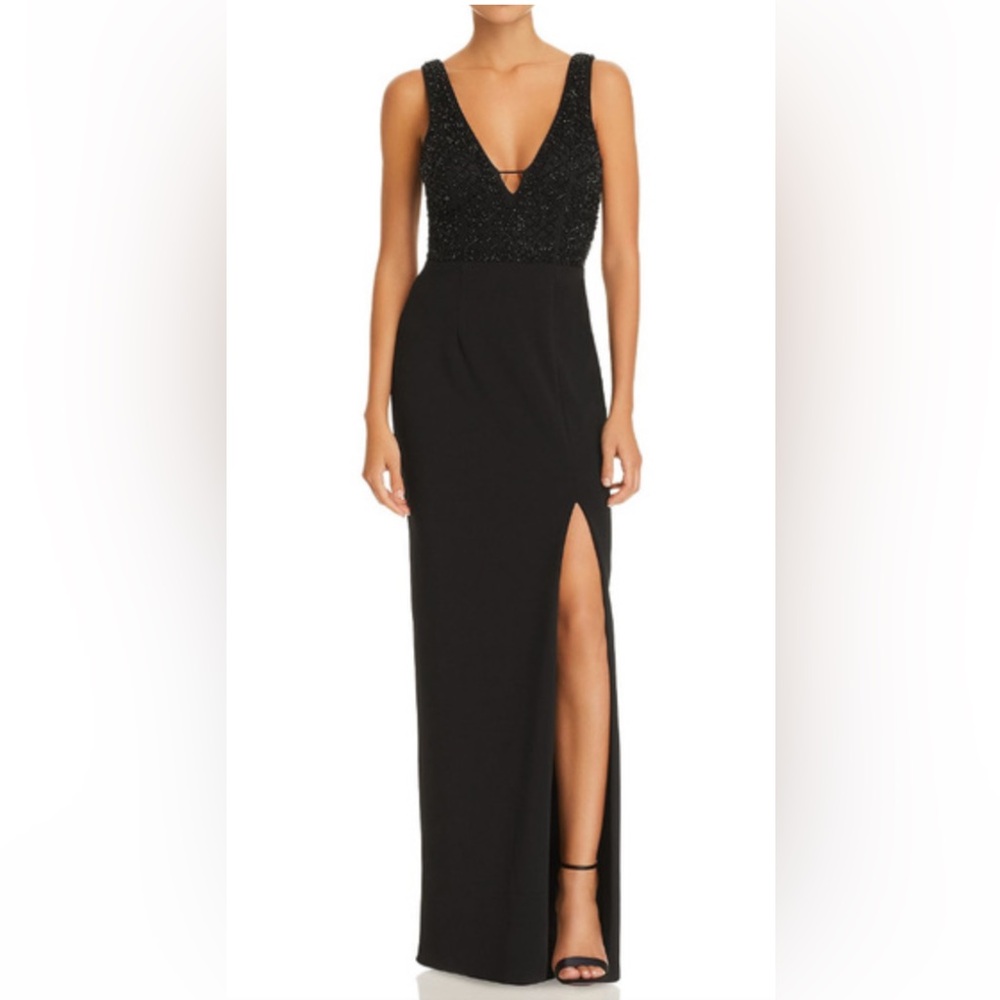 Aqua black sequin gown with slit